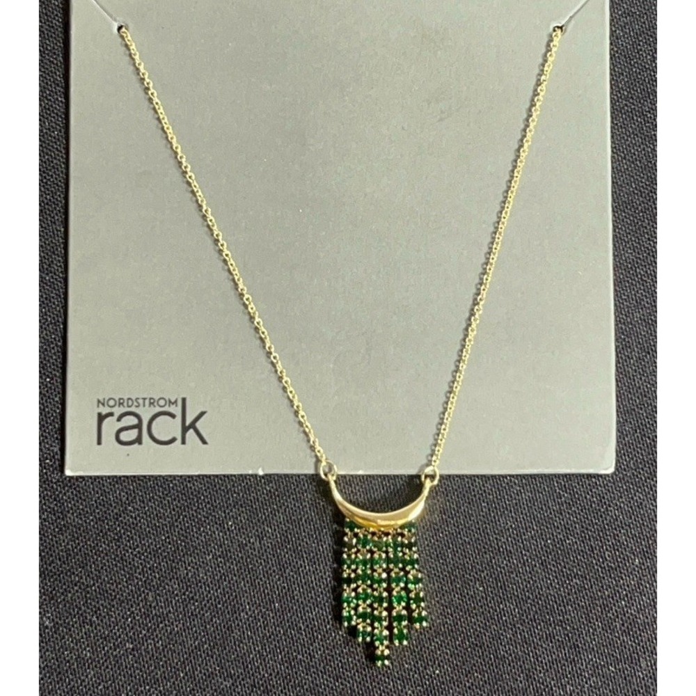 Nordstrom Rack Gold Tone Necklace Emerald Green Crystals Crescent shape Pendant